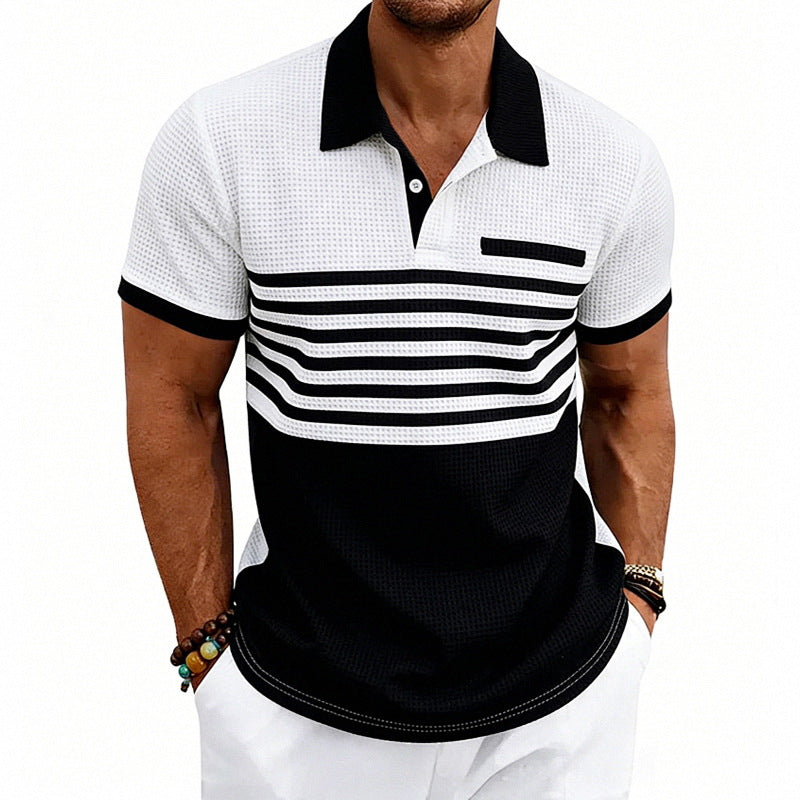Herren nan Jacquard-Polo mit Blockstreifen, Brustblende und Baumwollmix Drune
