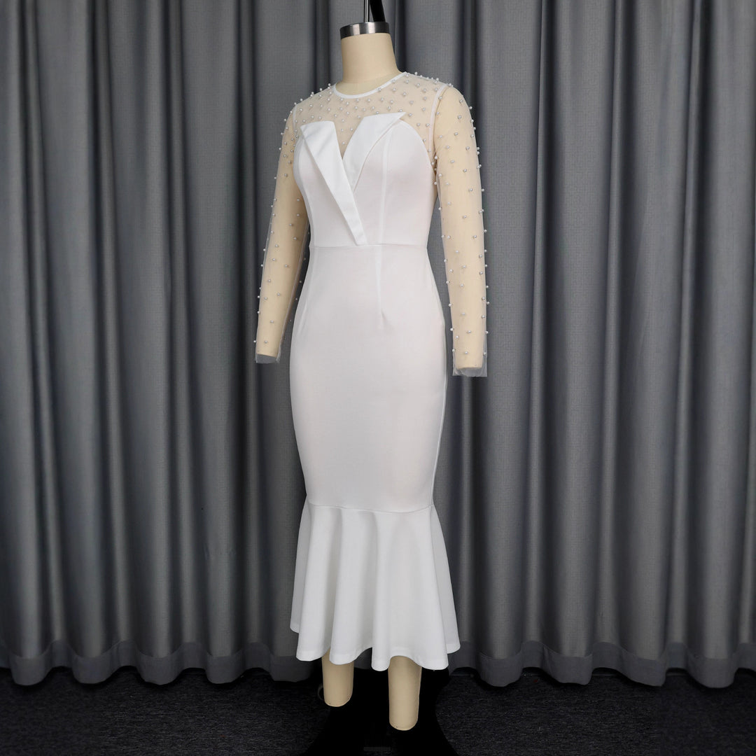 Damen Elegantes Hochzeitskleid mit transparenten Puffärmeln und Taillengürtel Drune