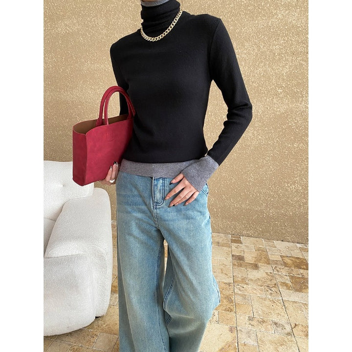Damen eleganter Rollkragenpullover mit kontrastierenden Ärmelabschlüssen Drune