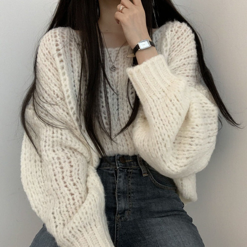 Damen lässiger Strickpullover mit voluminösen Puffärmeln und offener Strickstruktur Drune
