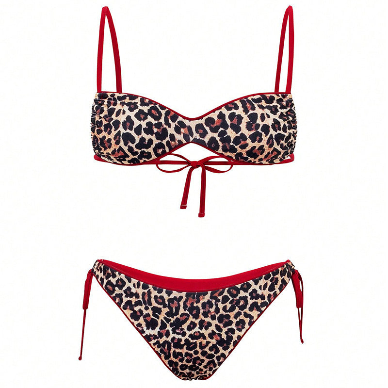 Damen Triangel-Bikini mit modischen Bindebändern und stylischem Leopardenmuster Drune
