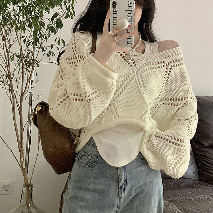 Damen lässiger Strickpullover mit Luftmaschenmuster Drune