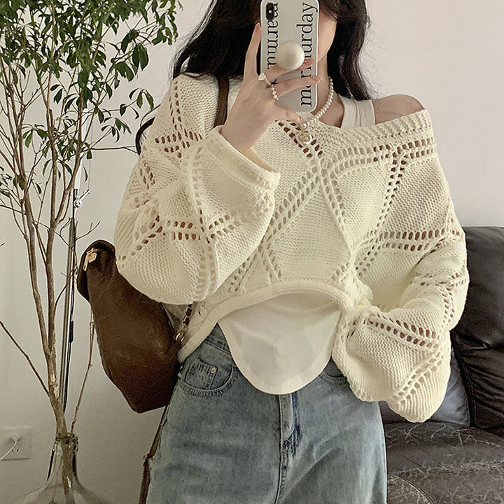 Damen lässiger Strickpullover mit Luftmaschenmuster Drune
