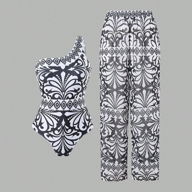 Damen Einteiler Badeanzug mit elegantem asymmetrischen Design und passender Hose Drune