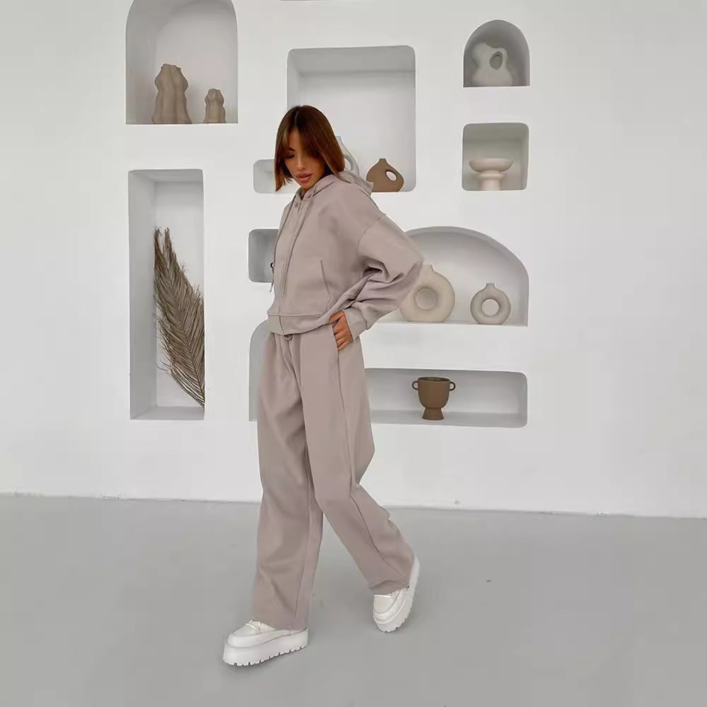 Damen Cropped Kapuzensweatshirt mit Kordelzug-Loungehose im Relax-Set Drune