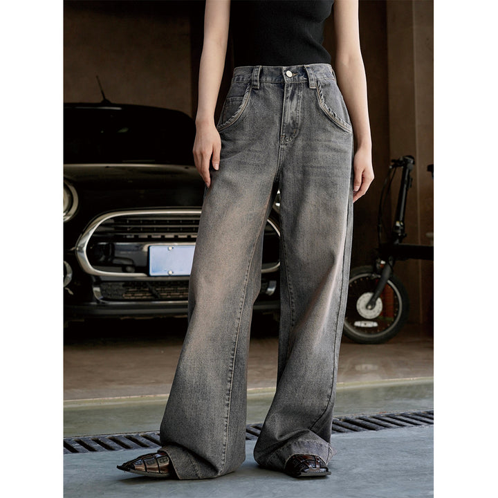 Damen Weite High‑Waist Denim‑Baggy‑Jeans mit extra langem Bein und verwaschener Used‑Optik Drune
