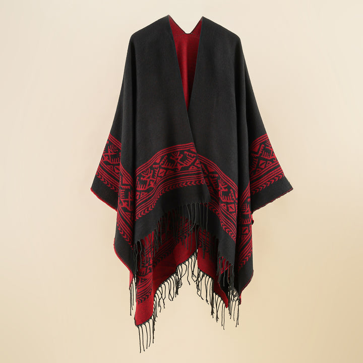 Damen Capeponcho mit geometrischer Jacquardbordüre, offenem V-Ausschnitt und Fransensaum Drune