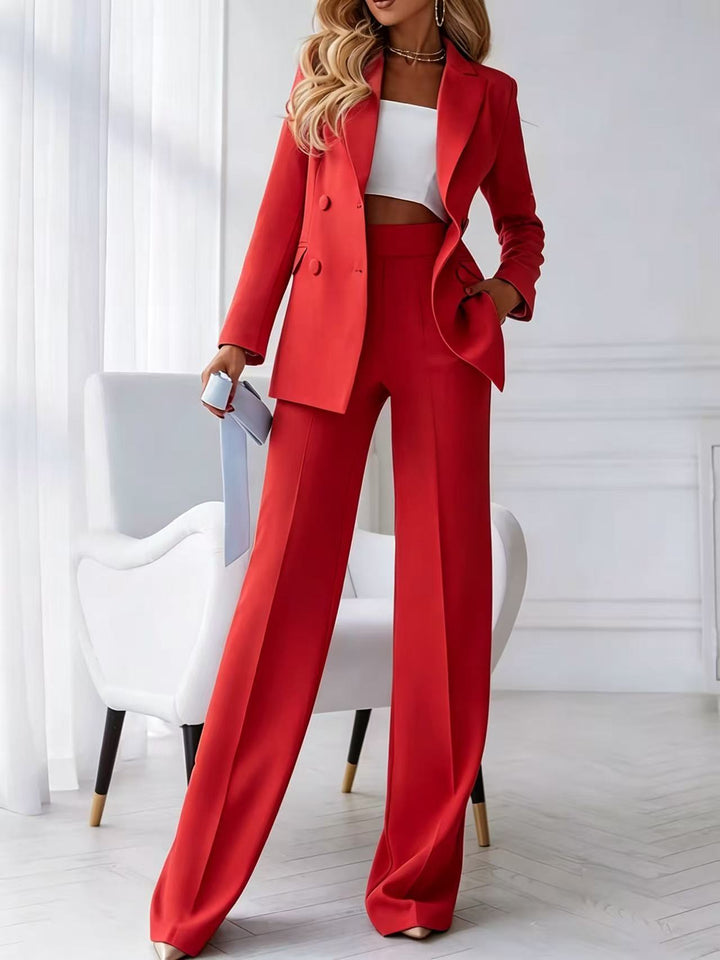 Damen Zweiteiliger Business-Hosenanzug mit tailliertem Zweireiherblazer und High-Waist Palazzo-Hose Drune