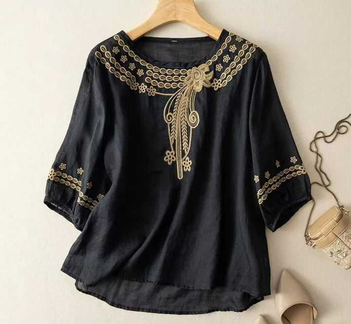 Damen Bestickte Leinenoptik-Bluse mit Rundhalsausschnitt und Dreiviertelärmeln Drune