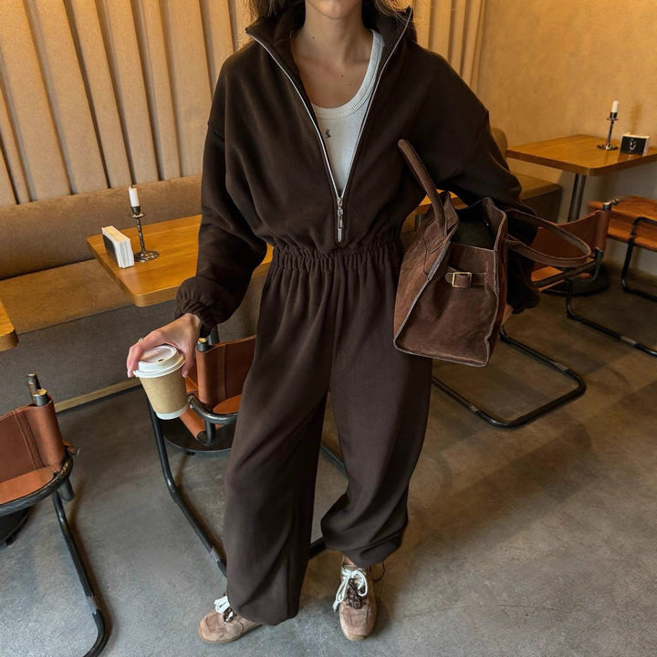 Damen Lässiger Fleece-Hausanzug mit Zip-Kapuze und elastischem Taillenbund Drune