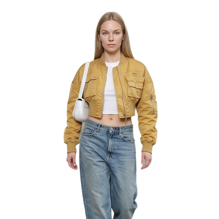 Damen Kurz geschnittene Utility-Bomberjacke mit praktischen Taschen und Rippenbündchen Drune