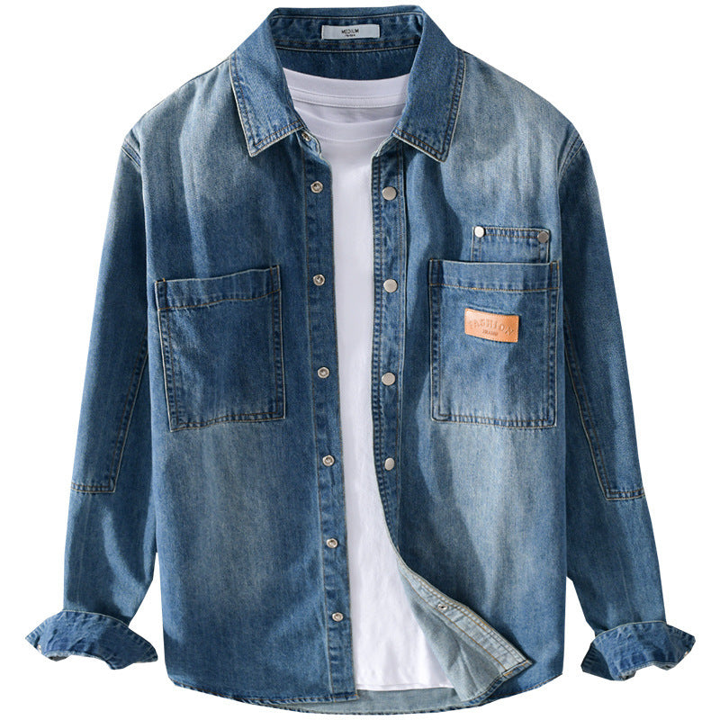 Herren Vintage-Jeanshemdjacke im Overshirt-Look mit Druckknöpfen und Kontrastnähten Drune