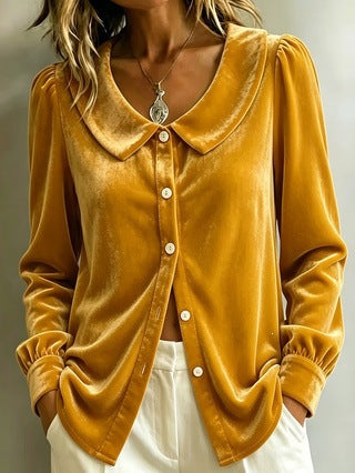 Damen Samt‑Hemdbluse mit Peter‑Pan‑Kragen und Perlmuttknopfleiste Drune
