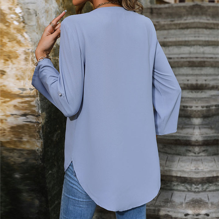 Damen Leichte V-Ausschnitt Chiffonbluse mit dreiviertel Ärmeln, Knopfdetail und Frontfalte Drune