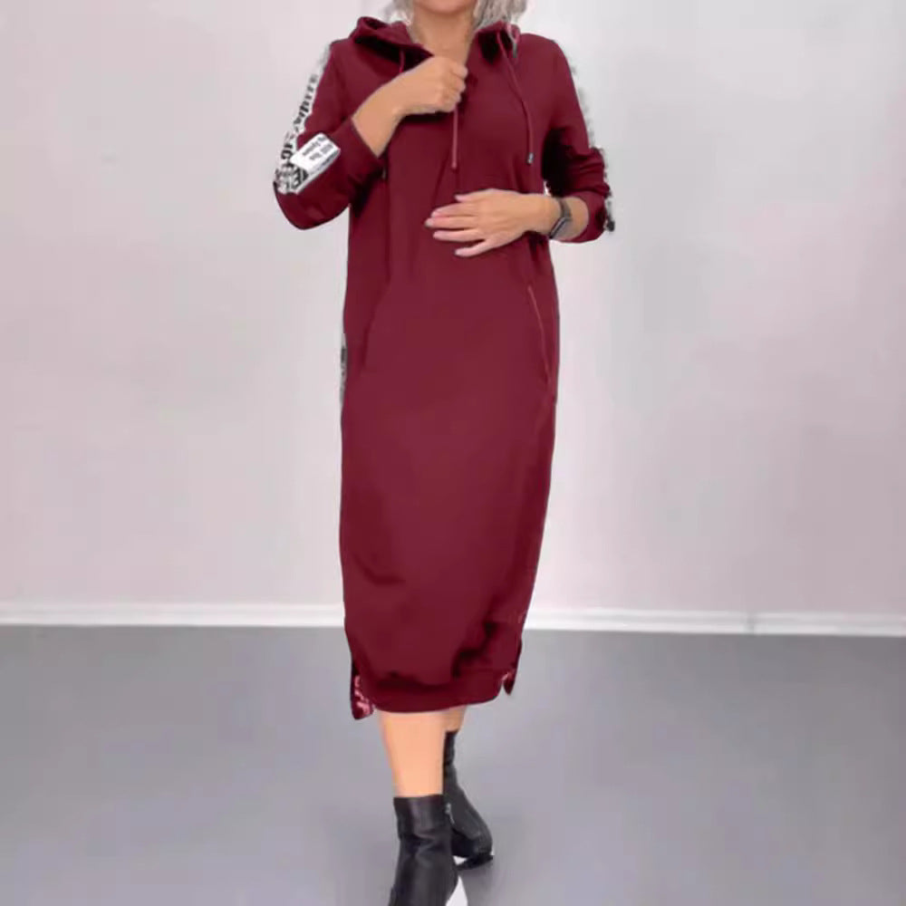 Damen nan knöchellanges Kapuzen-Sweatkleid mit Halbzip, Kängurutaschen und seitlicher Zierpaspel Drune