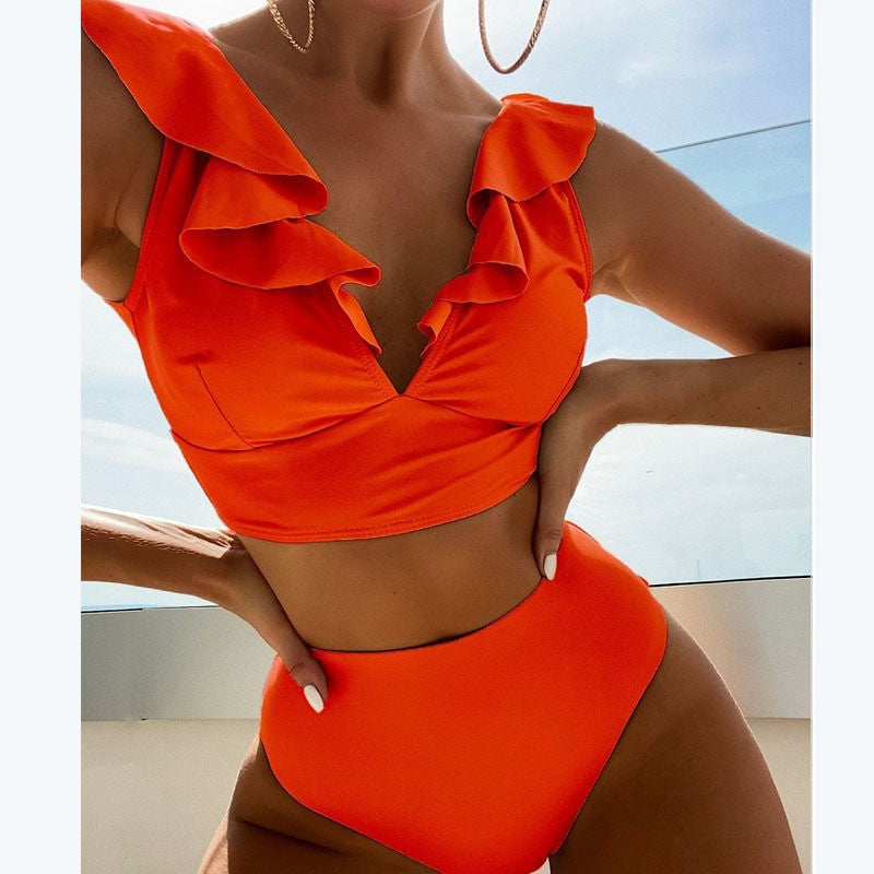 Damen Bikini mit elegantem Rüschendesign und hoch geschnittenem Höschen Drune