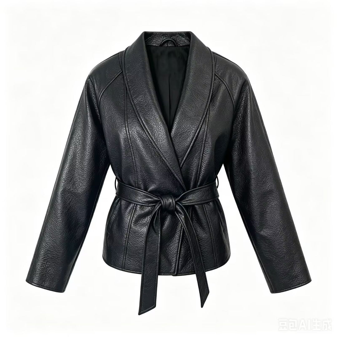 Damen Taillierte Kunstlederjacke mit Schalkragen und Bindegürtel Drune