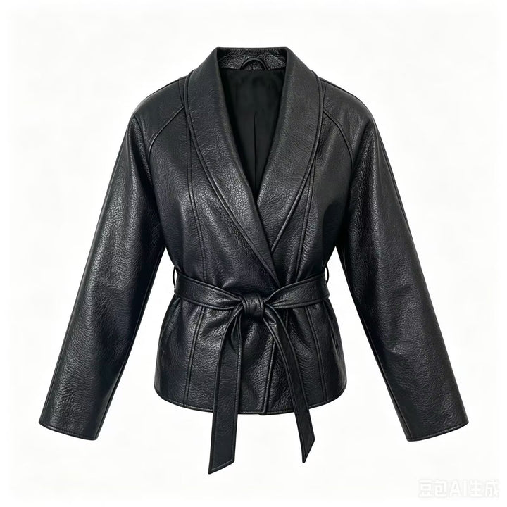 Damen Taillierte Kunstlederjacke mit Schalkragen und Bindegürtel Drune