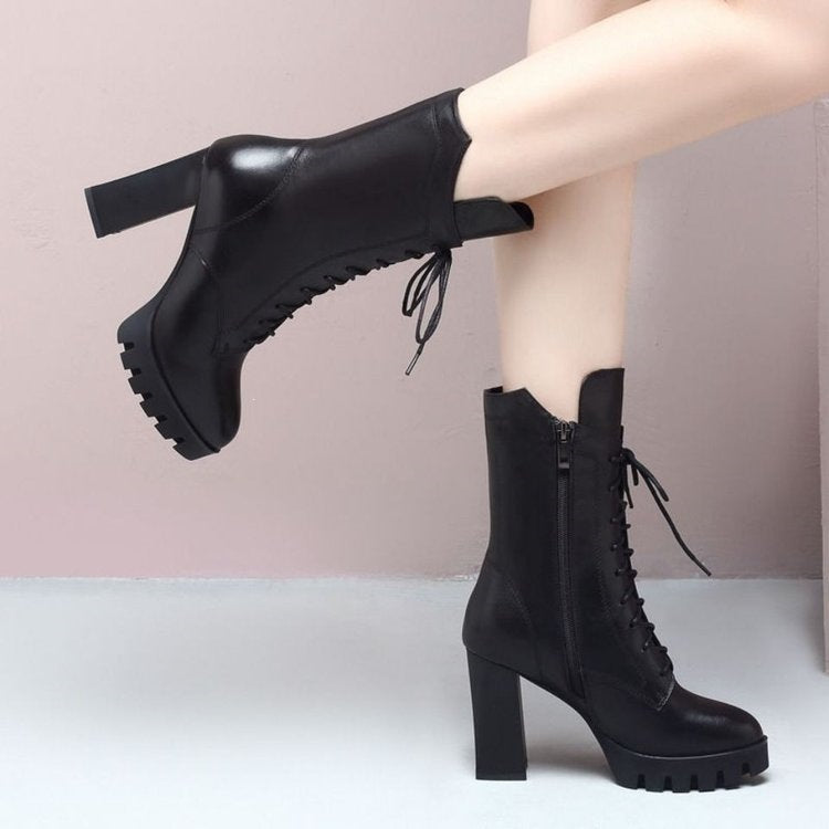 Damen Elegante Ankle Boots mit hohem Blockabsatz und Schnürung Drune
