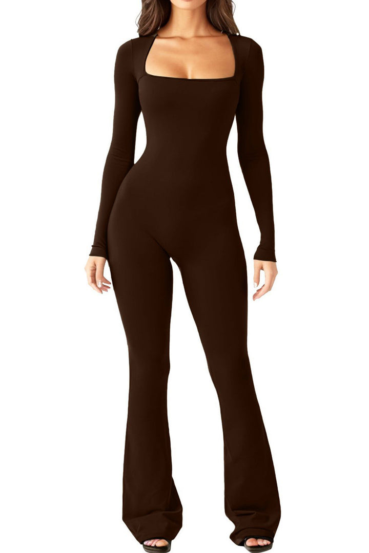 Damen nan figurbetonter Langarm-Jumpsuit mit quadratischem Ausschnitt und ausgestellter Schlaghose Drune