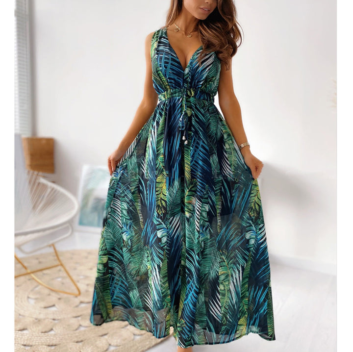 Damen Maxikleid mit tiefem V-Ausschnitt und elastischer Taillenbindung Drune