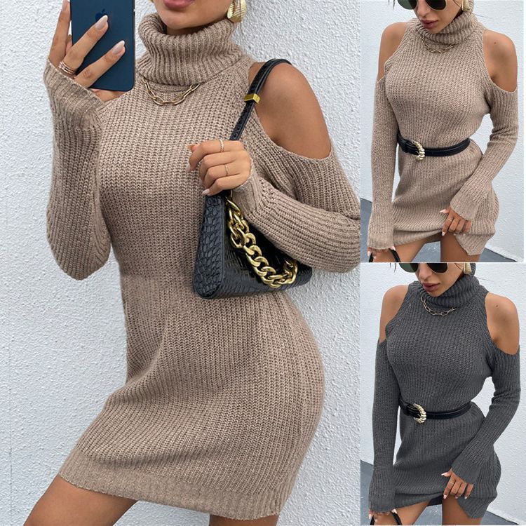 Damen Strickkleid mit offenem Schulterdesign und hohem Kragen Drune
