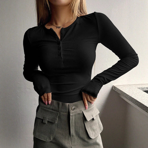 Damen Figurnahe Rippstrick-Henleyshirt mit Knopfleiste und Langarm Drune