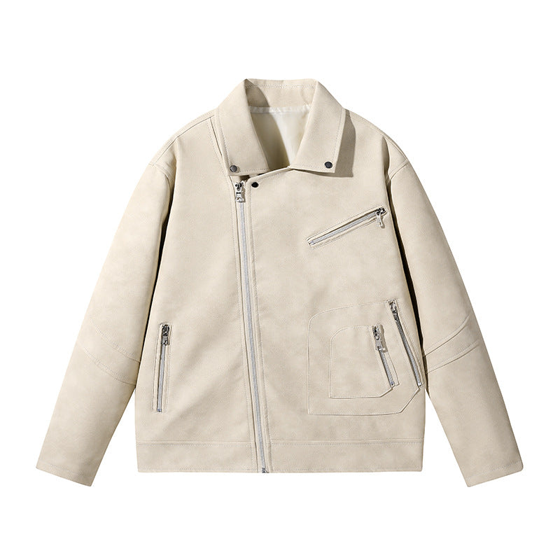 Herren Modische Lederjacke mit asymmetrischem Reißverschluss Drune