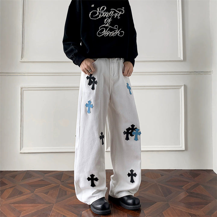 Damen Weitgeschnittene Denim-Hose mit kreativem Kreuzdesign Drune