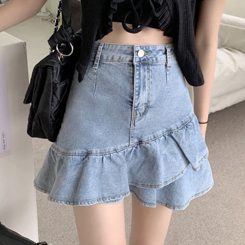 Damen Jeansrock mit voluminösem Rüschensaum und knopfbarem Bund Drune