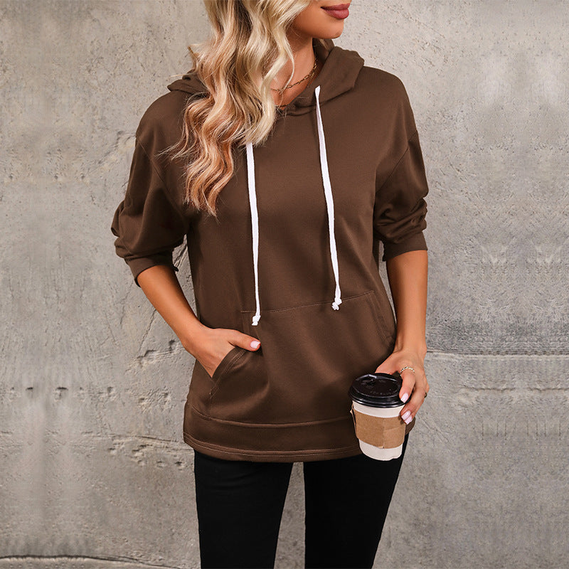 Damen Kapuzenpullover mit Kängurutasche, lockerer Silhouette und dreiviertel-Ärmeln Drune