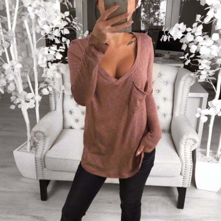 Damen Lässige Oversize Tunika mit V‑Ausschnitt, Brusttasche und verlängertem Saum Drune