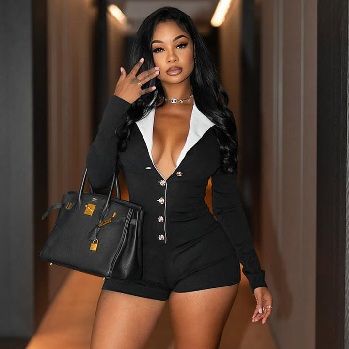 Damen modischer Jumpsuit mit tiefem V-Ausschnitt und eleganter Kragen Drune