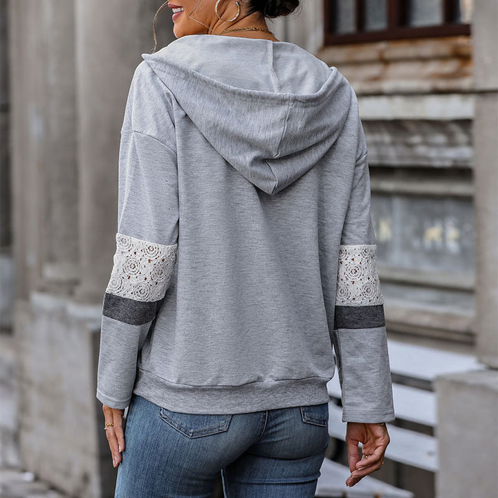 Damen Kapuzenpullover mit V‑Ausschnitt, Kängurutasche und kontrastierenden Ärmeln Drune