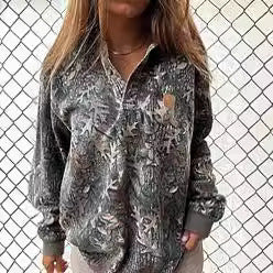 Damen gemusterter Fleece-Pullover mit kurzem Reißverschluss, Polo-Kragen und gerippten Bündchen Drune