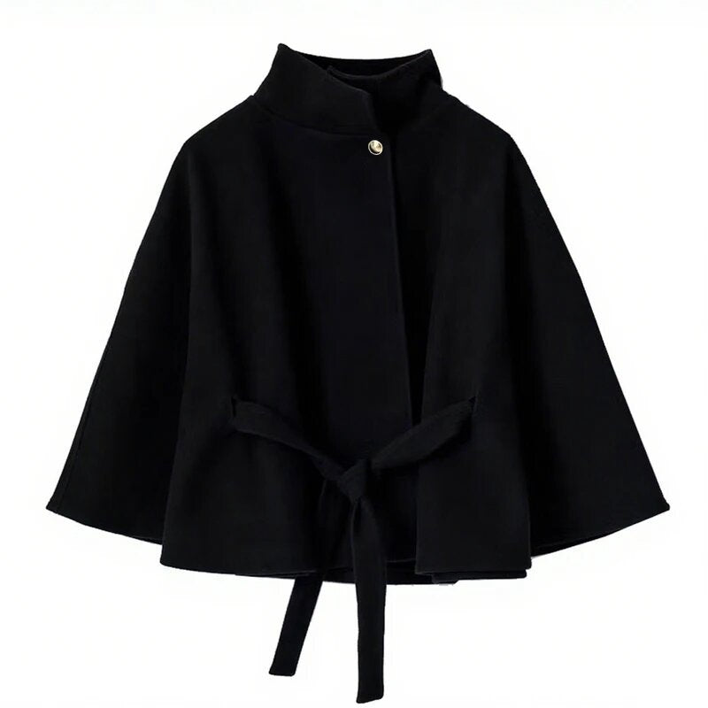Damen elegante Umhangjacke mit Bindegürtel und hochgeschlossenem Kragen Drune