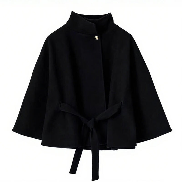 Damen elegante Umhangjacke mit Bindegürtel und hochgeschlossenem Kragen Drune