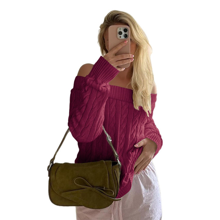 Damen nan oversized schulterfreier Zopfstrickpullover mit geripptem Ausschnitt und Ballonärmeln Drune