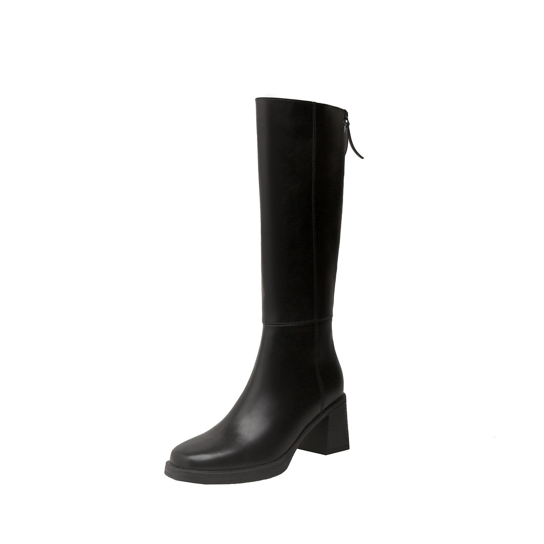 Damen Kniehohe Glattleder-Stiefel mit skulpturalem Blockabsatz und Rückenreißverschluss Drune