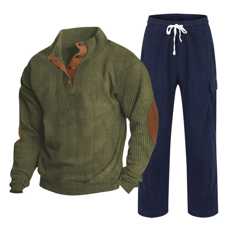 Herren Gemütliches Freizeit-Set aus Waffelstrick-Henley mit Ellenbogenpatch und Relax-Cargo-Hose Drune
