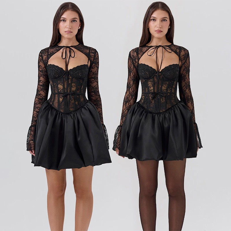 Damen Glamouröses Spitzenkleid mit Rüschenrock und eleganten Details Drune