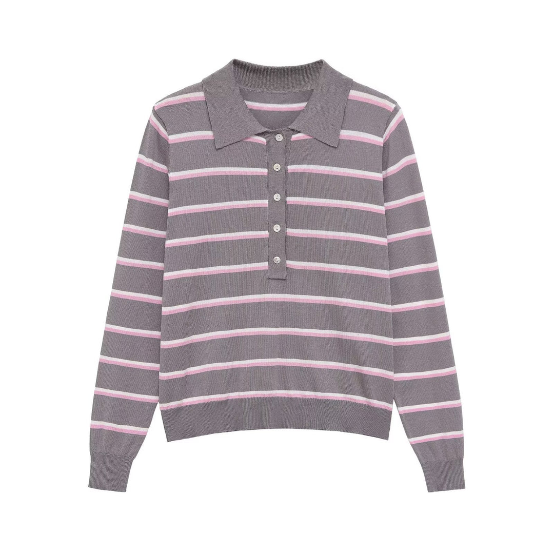 Damen Gestreifter Feinstrick-Polo-Pullover mit Knopfleiste und Rippbündchen Drune