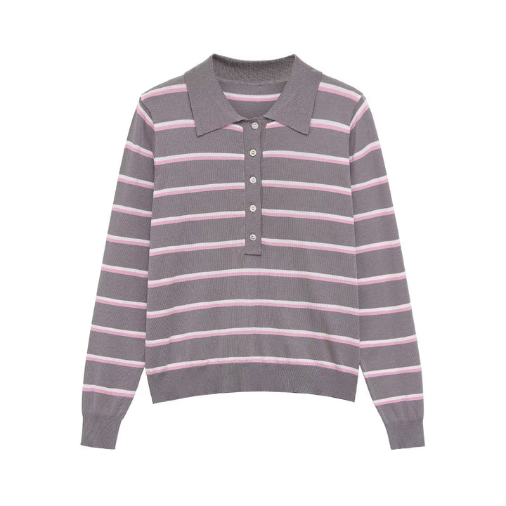 Damen Gestreifter Feinstrick-Polo-Pullover mit Knopfleiste und Rippbündchen Drune