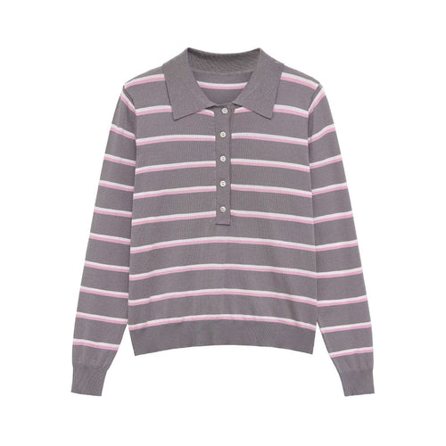 Damen Gestreifter Feinstrick-Polo-Pullover mit Knopfleiste und Rippbündchen Drune
