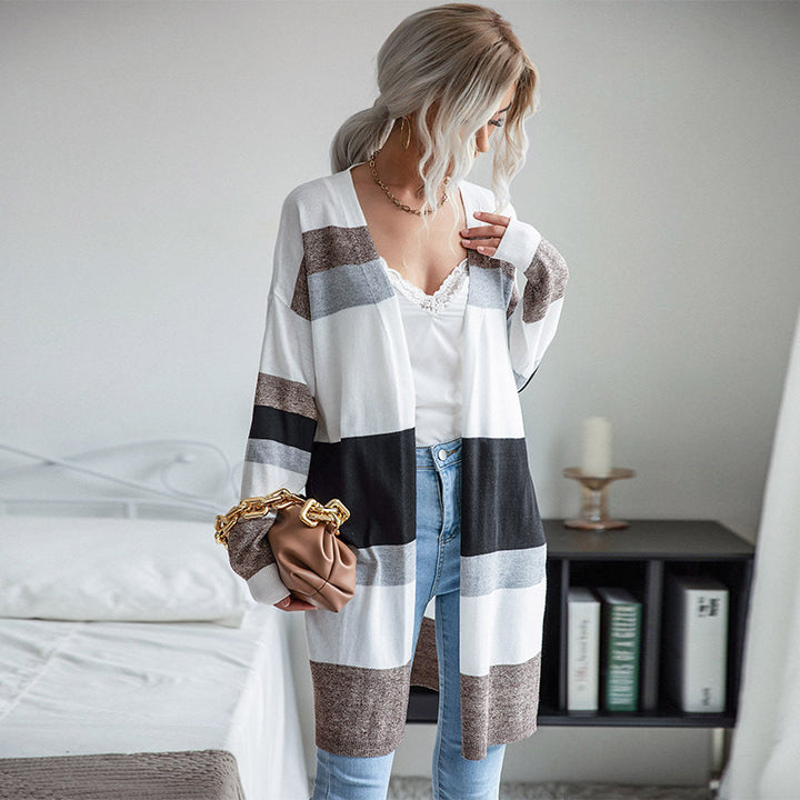 Damen Langer Offener Strickcardigan mit Blockstreifen, Leichtem Fall und Eingrifftaschen Drune
