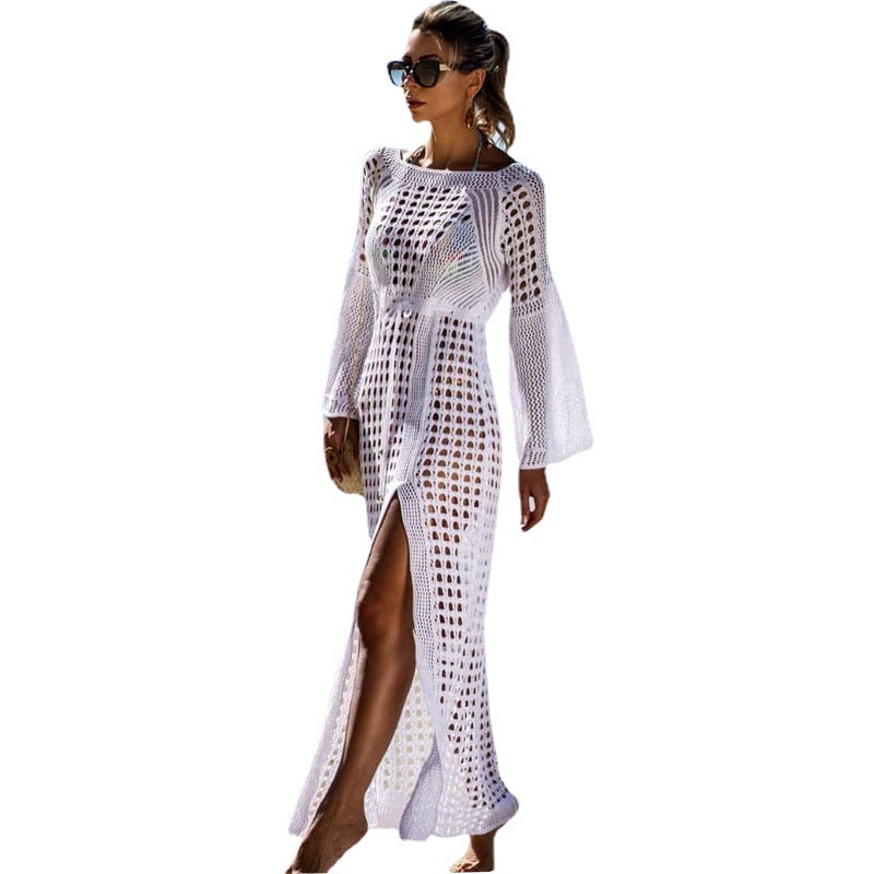 Damen Luftiges Häkel-Strandkleid mit langen Ärmeln und seitlichem Schlitz Drune