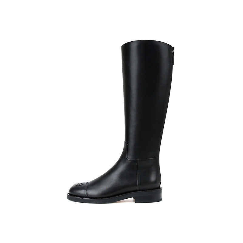Damen Kniehohe Reitstiefel aus Glattleder mit geprägter Blumen-Zehenkappe Drune