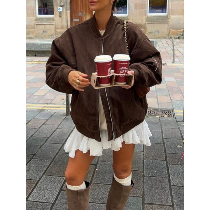 Damen Oversize-Suede-Bomberjacke mit Reißverschluss & gerippten Bündchen Drune