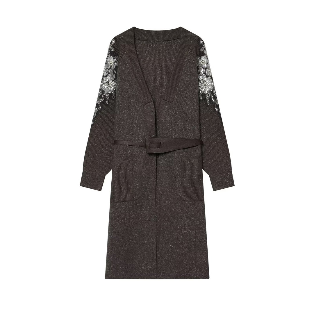 Damen Lange Strickmantel-Cardigan mit Taillengürtel und Paillettenbesatz Drune