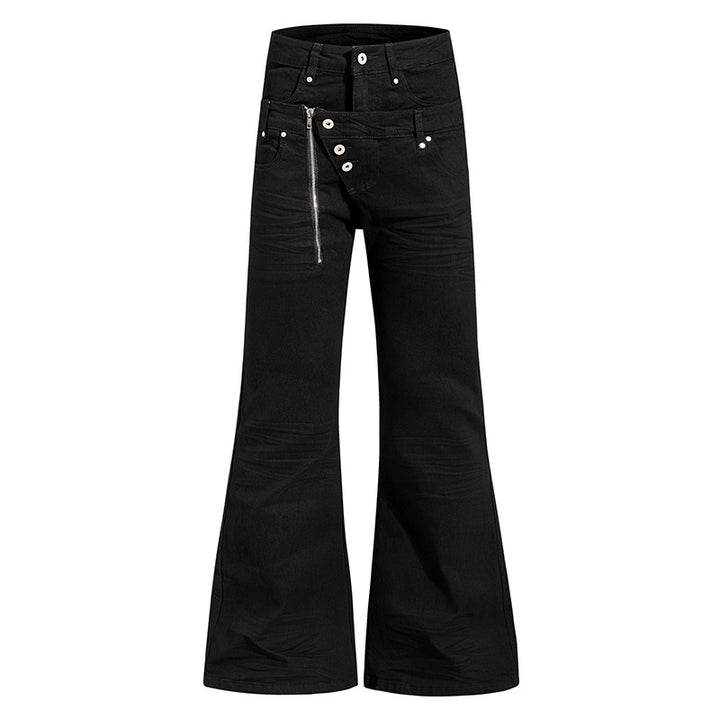 Damen Weite Schlaghose aus Denim mit asymmetrischem Reißverschluss und Knopfverschluss Drune